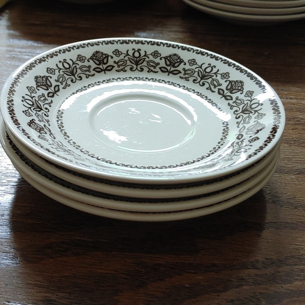 4 Saucers Vtg Royal Wellesley Folkart Flower Brown & Ivory